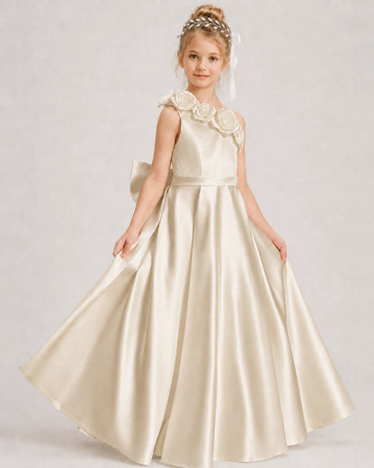 Champagne Flower Girl Dress One-Shoulder 3D Rose Bow Satin Floor-Length Gown Front View