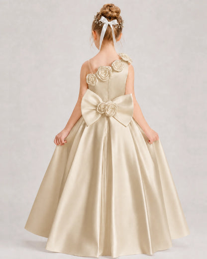 Champagne Flower Girl Dress One-Shoulder 3D Rose Bow Satin Floor-Length Gown Back View