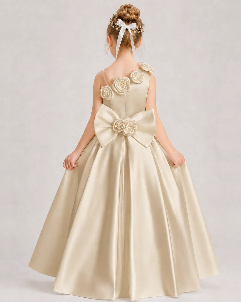 Champagne Satin A-line Girls Formal Dress Back View