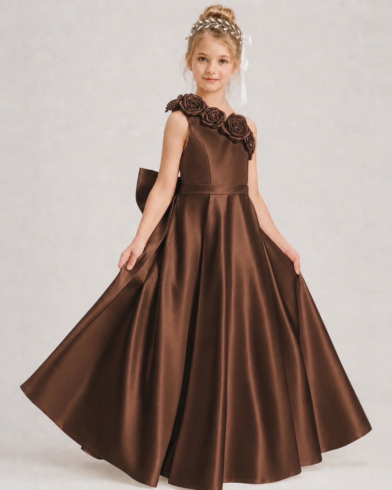 Chocolate Flower Girl Dress One-Shoulder 3D Rose Bow Satin Floor-Length Gown Front View