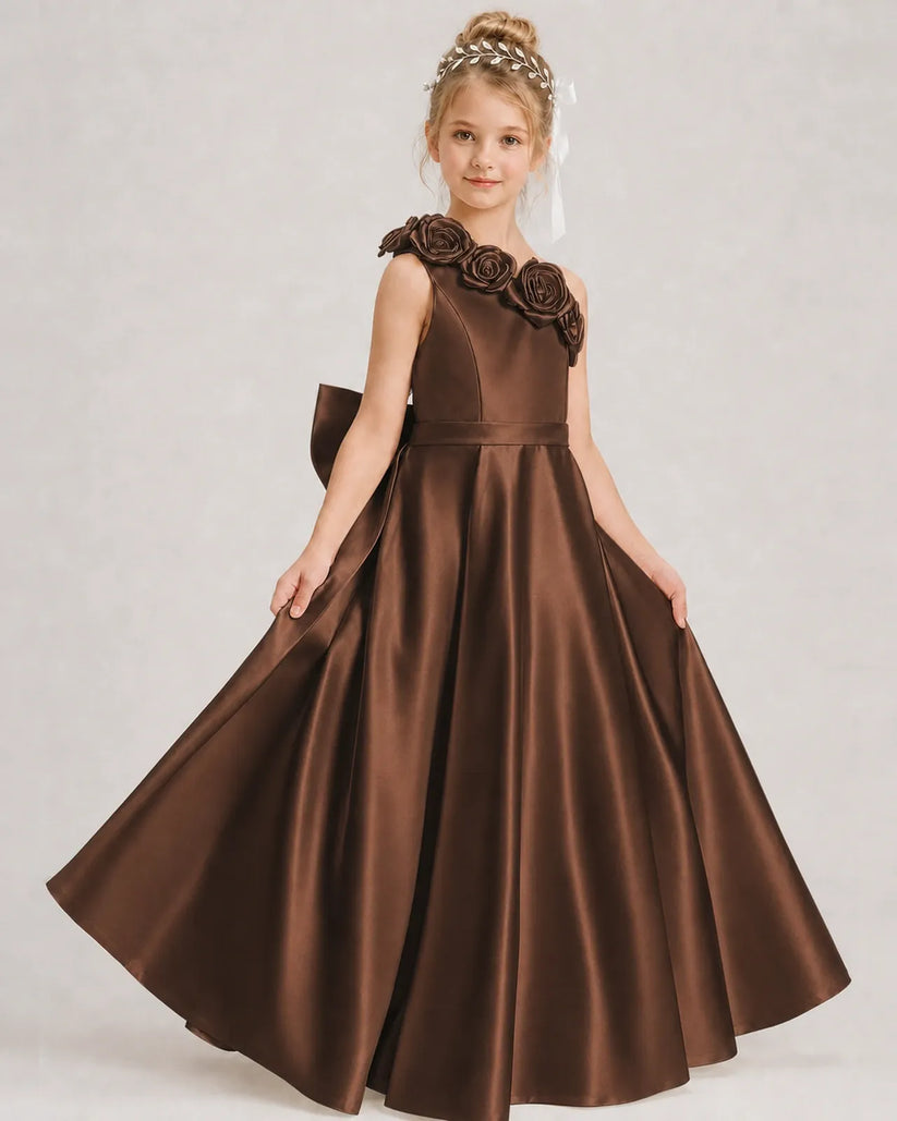 Chocolate Satin A-line Girls Formal Dress Front View