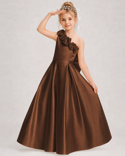 Chocolate Flower Girl Dress One-Shoulder 3D Rose Bow Satin Floor-Length Gown Front View