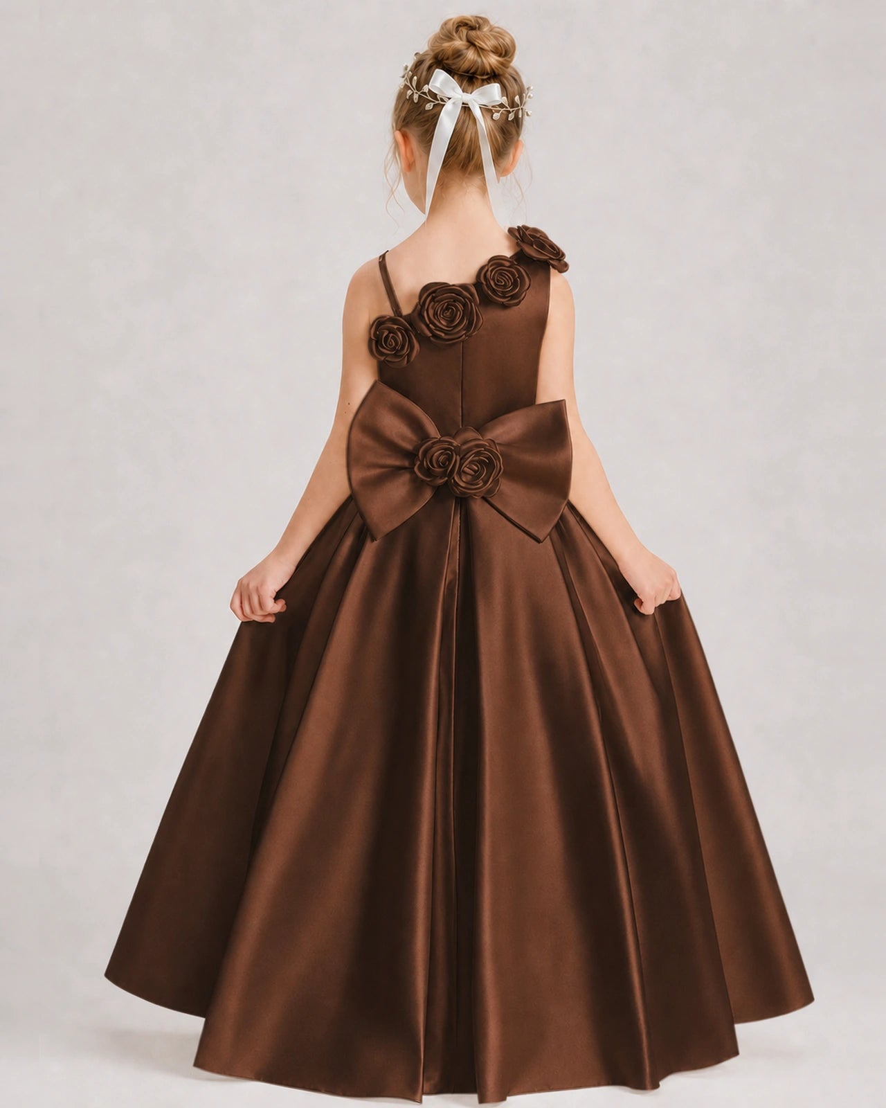 Chocolate Flower Girl Dress One-Shoulder 3D Rose Bow Satin Floor-Length Gown Back View