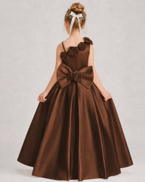 Chocolate Flower Girl Dress One-Shoulder 3D Rose Bow Satin Floor-Length Gown Back View