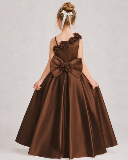 Chocolate Flower Girl Dress One-Shoulder 3D Rose Bow Satin Floor-Length Gown Back View