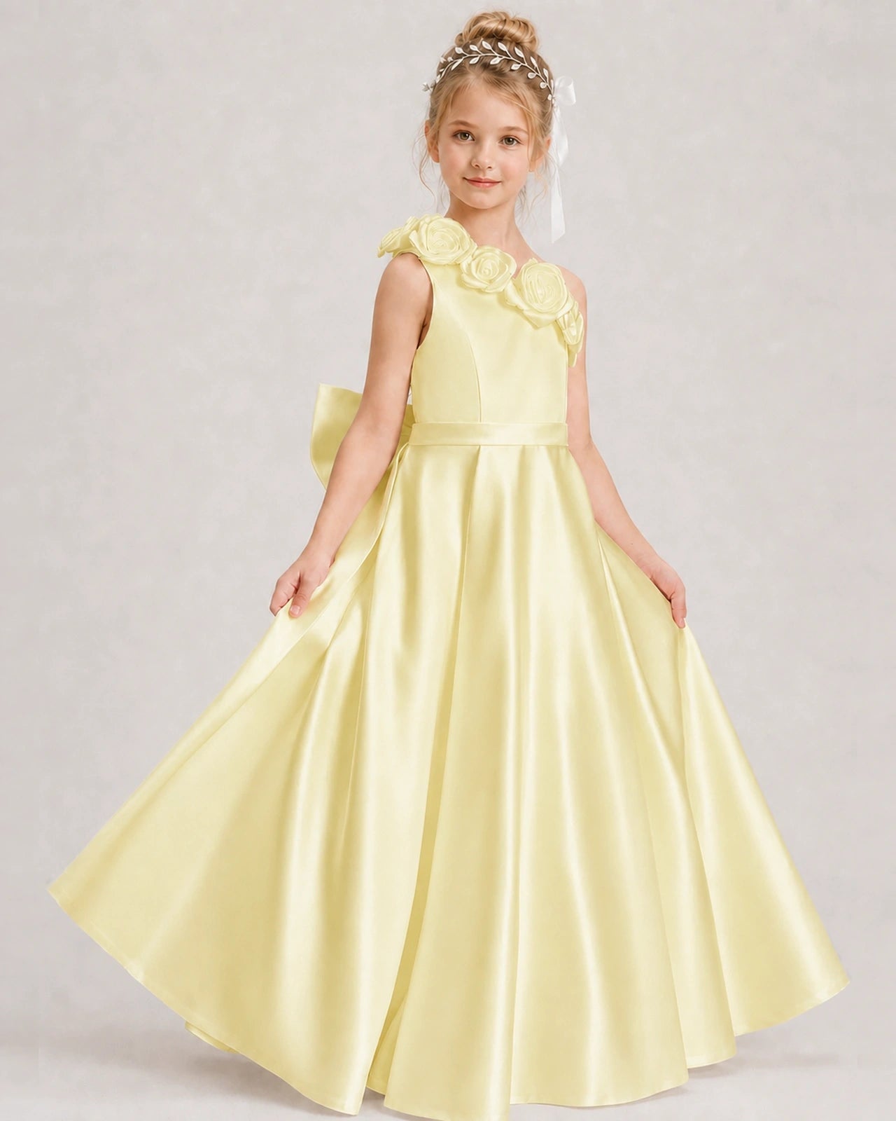 Daffodil Flower Girl Dress One-Shoulder 3D Rose Bow Satin Floor-Length Gown Front View
