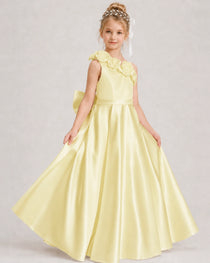 Daffodil Flower Girl Dress One-Shoulder 3D Rose Bow Satin Floor-Length Gown Front View