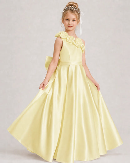 Daffodil Flower Girl Dress One-Shoulder 3D Rose Bow Satin Floor-Length Gown Front View