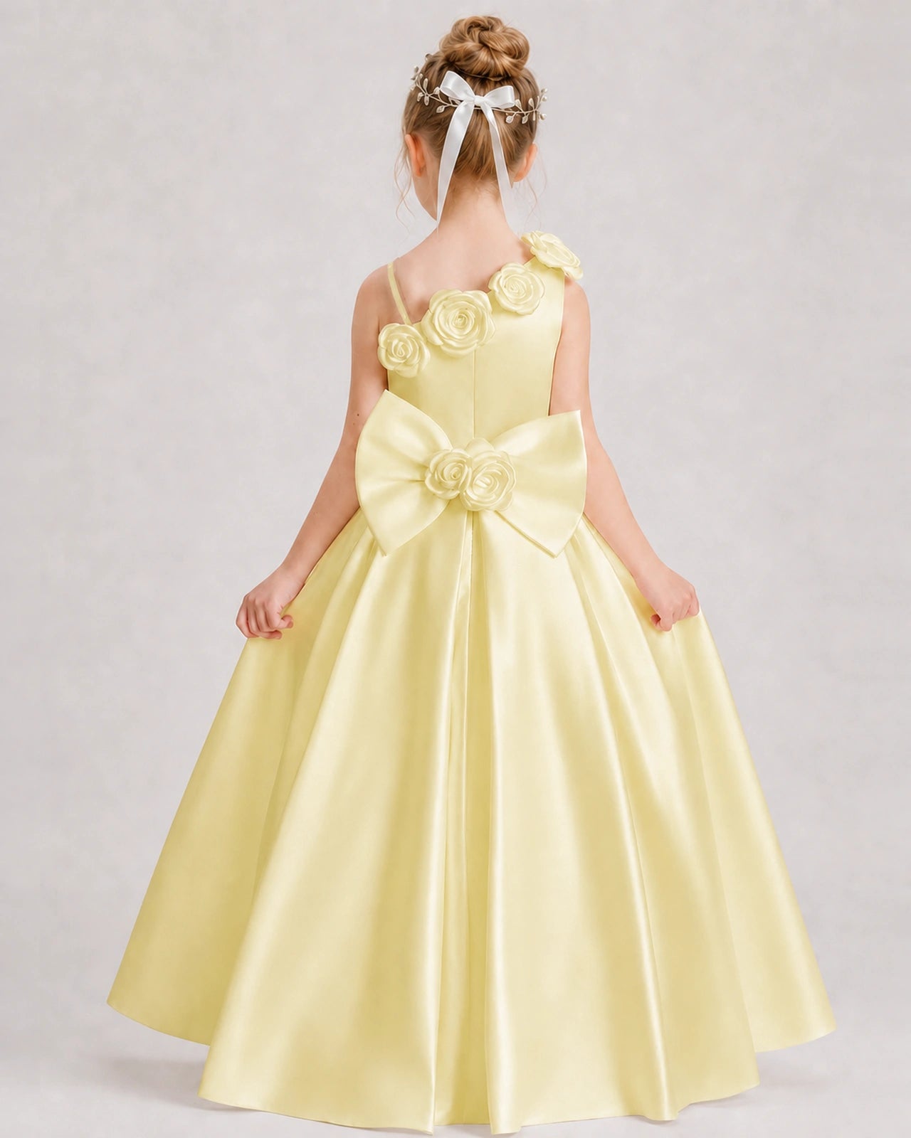 Daffodil Flower Girl Dress One-Shoulder 3D Rose Bow Satin Floor-Length Gown Back View