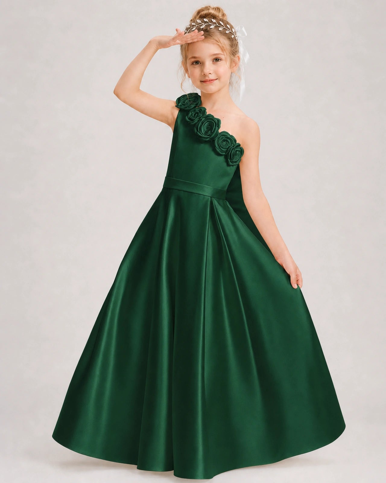 Dark Green Flower Girl Dress One-Shoulder 3D Rose Bow Satin Floor-Length Gown Front View