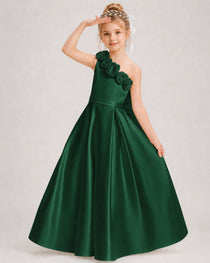 Dark Green Flower Girl Dress One-Shoulder 3D Rose Bow Satin Floor-Length Gown Front View