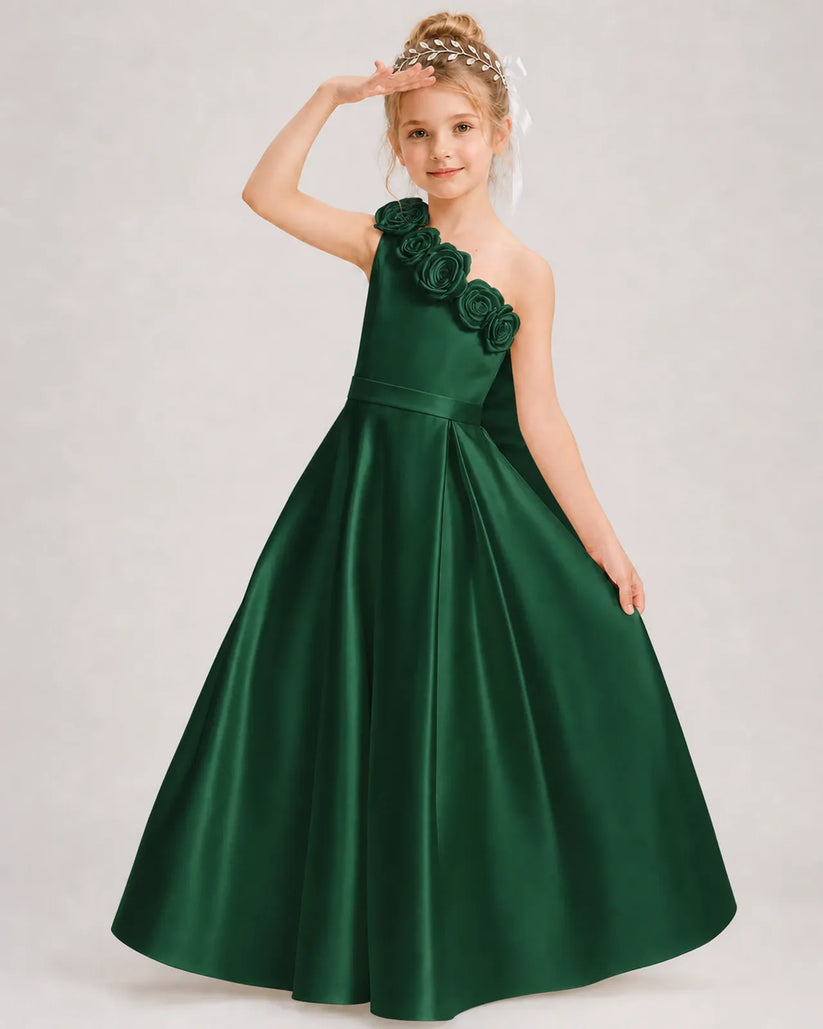 Dark Green Satin A-line Girls Formal Dress Front View