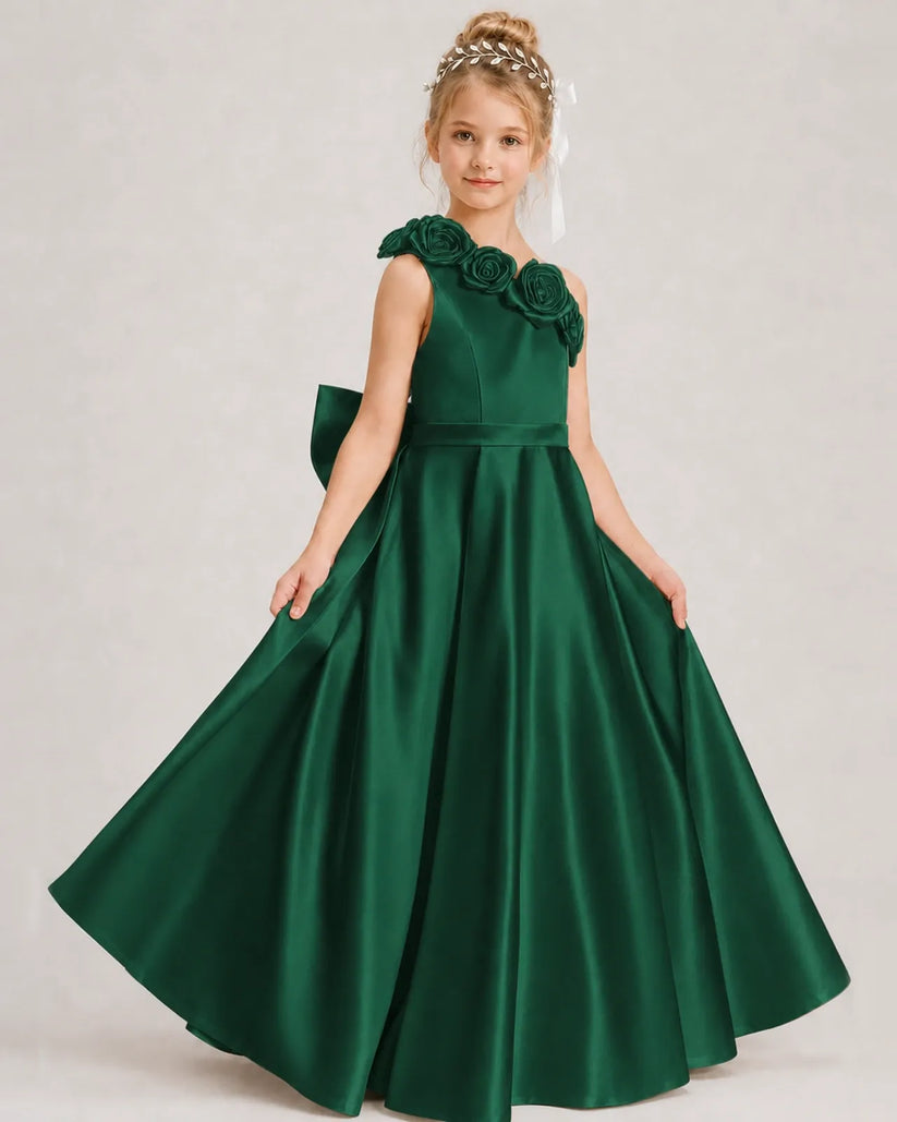 Dark Green Satin A-line Girls Formal Dress Front View