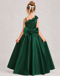 Dark Green Flower Girl Dress One-Shoulder 3D Rose Bow Satin Floor-Length Gown Back View