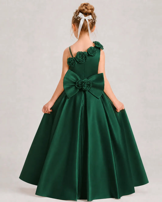 Dark Green Satin A-line Girls Formal Dress Back View