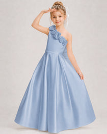 Dusty Blue Flower Girl Dress One-Shoulder 3D Rose Bow Satin Floor-Length Gown Front View