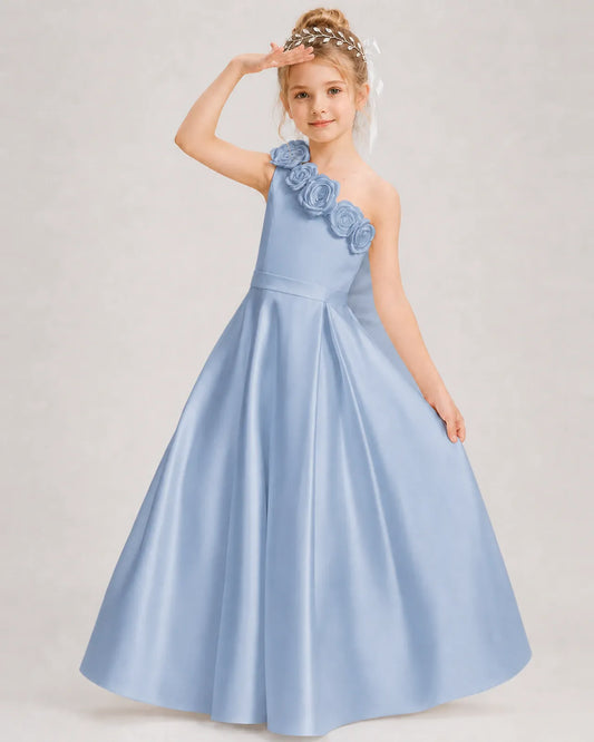 Dusty Blue Satin A-line Girls Formal Dress Front View