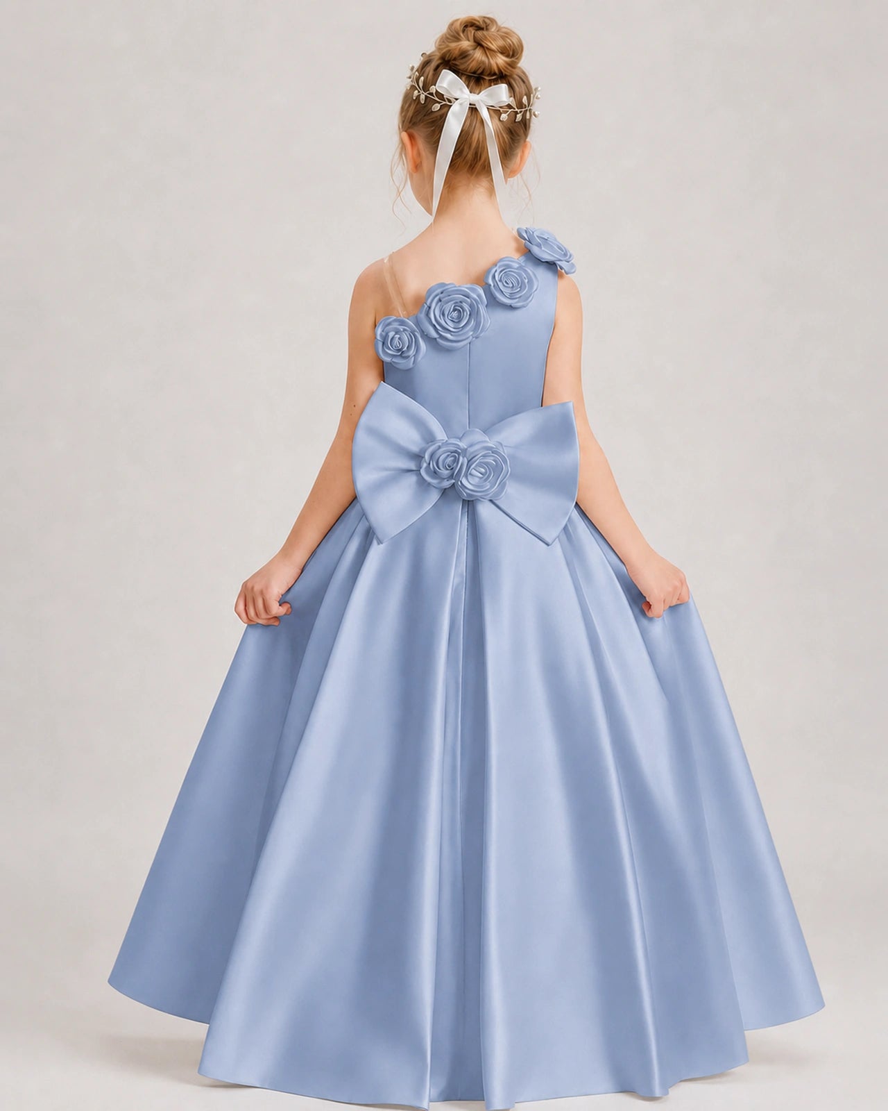 Dusty Blue Flower Girl Dress One-Shoulder 3D Rose Bow Satin Floor-Length Gown Back View