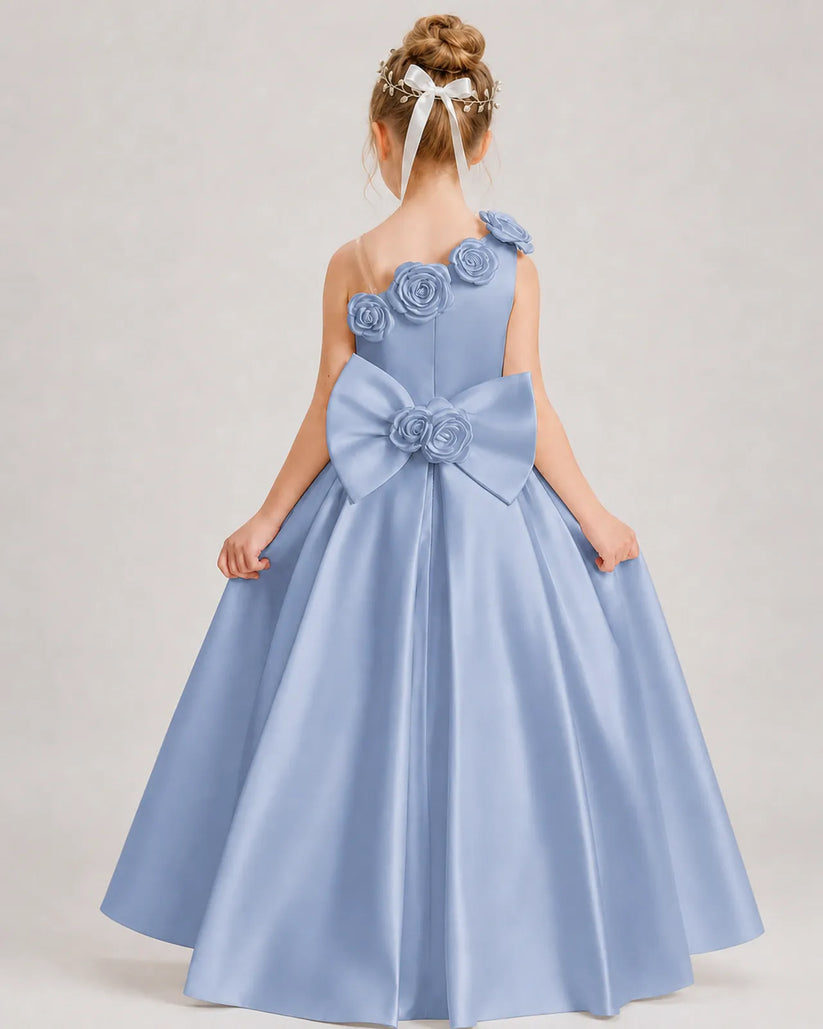 Dusty Blue Satin A-line Girls Formal Dress Back View