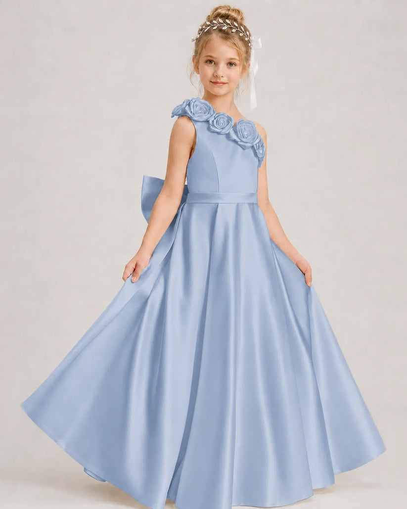 Dusty Blue Satin A-line Girls Formal Dress Front View