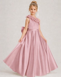 Dusty Rose Flower Girl Dress One-Shoulder 3D Rose Bow Satin Floor-Length Gown Front View