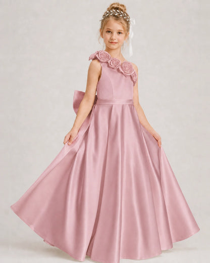 Dusty Rose Flower Girl Dress One-Shoulder 3D Rose Bow Satin Floor-Length Gown Front View