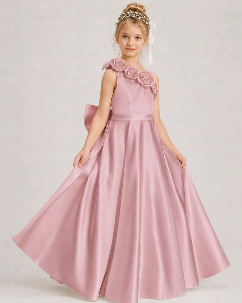 Dusty Rose Satin A-line Girls Formal Dress Front View