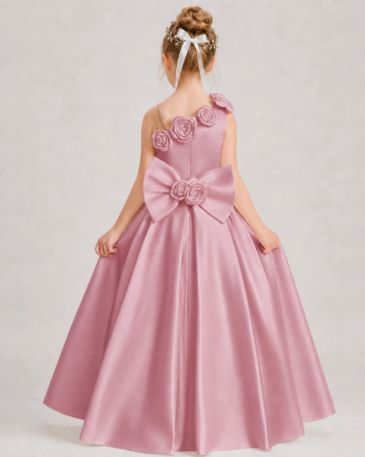 Dusty Rose Flower Girl Dress One-Shoulder 3D Rose Bow Satin Floor-Length Gown Back View