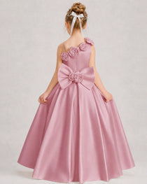 Dusty Rose Flower Girl Dress One-Shoulder 3D Rose Bow Satin Floor-Length Gown Back View