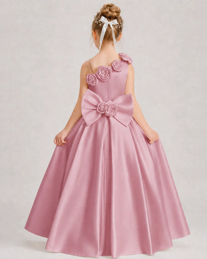Dusty Rose Flower Girl Dress One-Shoulder 3D Rose Bow Satin Floor-Length Gown Back View
