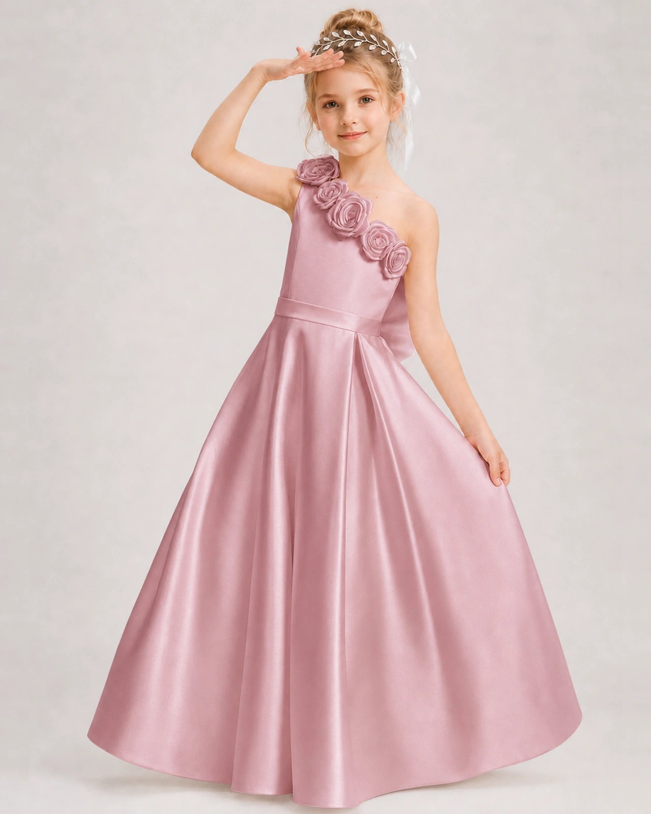 Dusty Rose Flower Girl Dress One-Shoulder 3D Rose Bow Satin Floor-Length Gown Front View