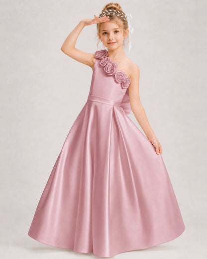 Dusty Rose Flower Girl Dress One-Shoulder 3D Rose Bow Satin Floor-Length Gown Front View