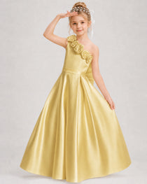 Gold Flower Girl Dress One-Shoulder 3D Rose Bow Satin Floor-Length Gown Front View