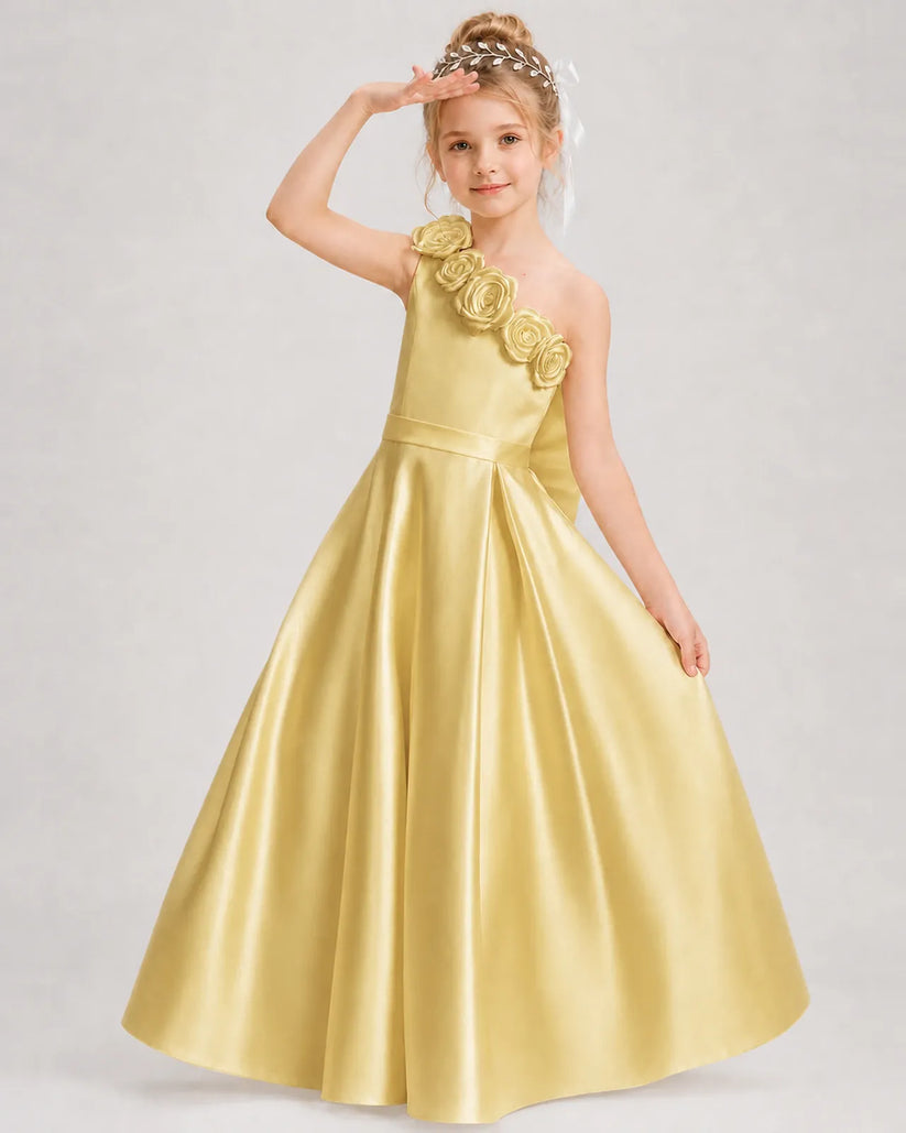 Gold Satin A-line Girls Formal Dress Front View