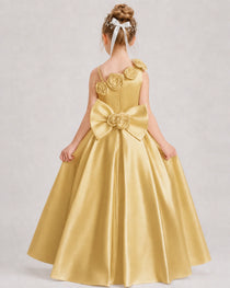 Gold Flower Girl Dress One-Shoulder 3D Rose Bow Satin Floor-Length Gown Back View