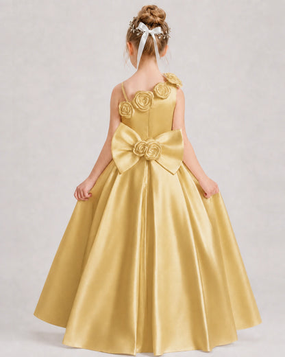 Gold Flower Girl Dress One-Shoulder 3D Rose Bow Satin Floor-Length Gown Back View