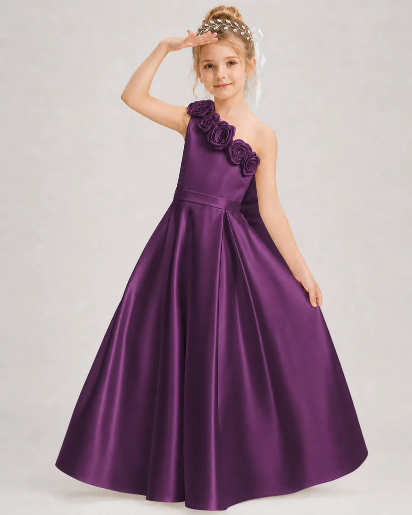 Grape Satin A-line Girls Formal Dress Front View