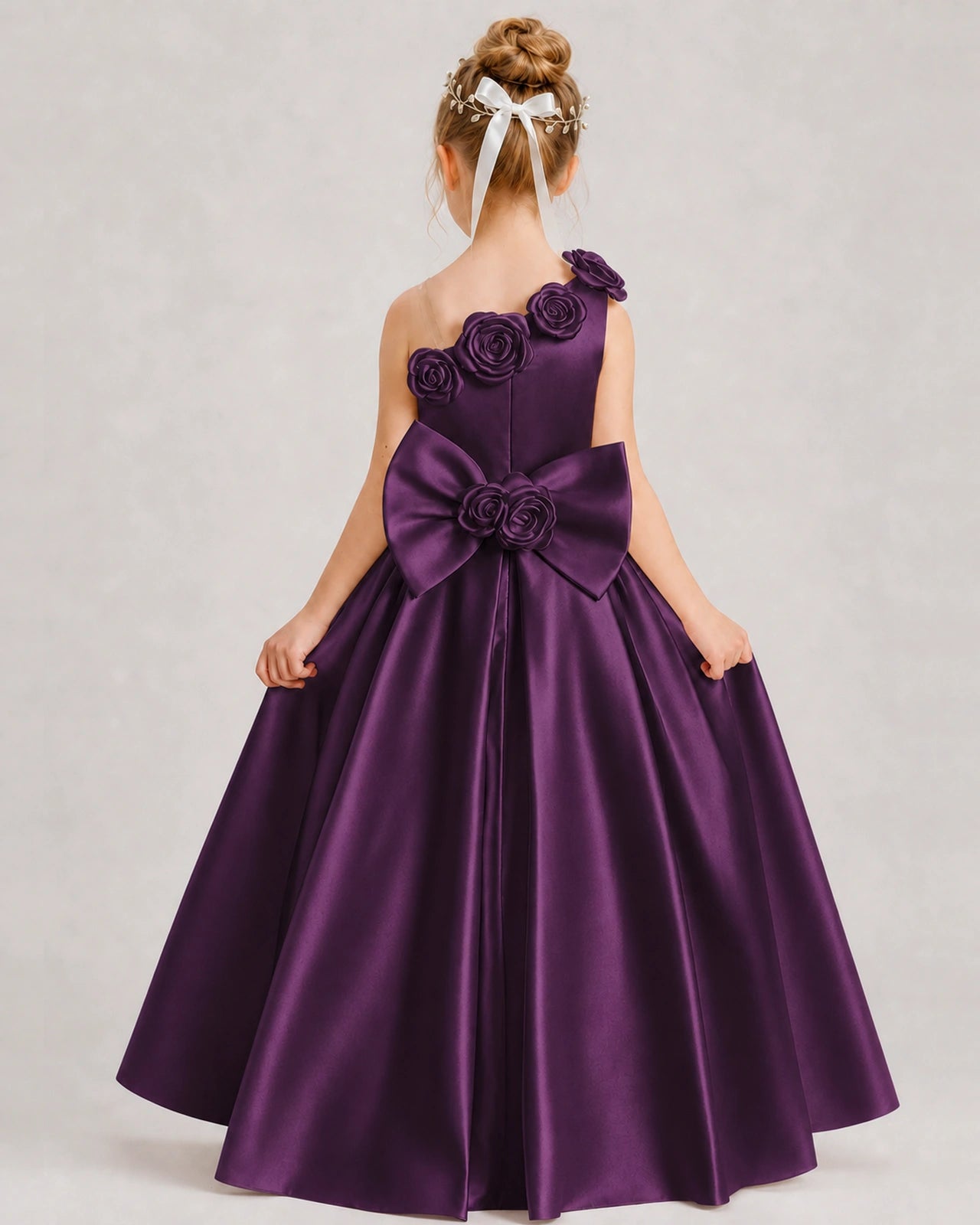 Grape Flower Girl Dress One-Shoulder 3D Rose Bow Satin Floor-Length Gown Back View
