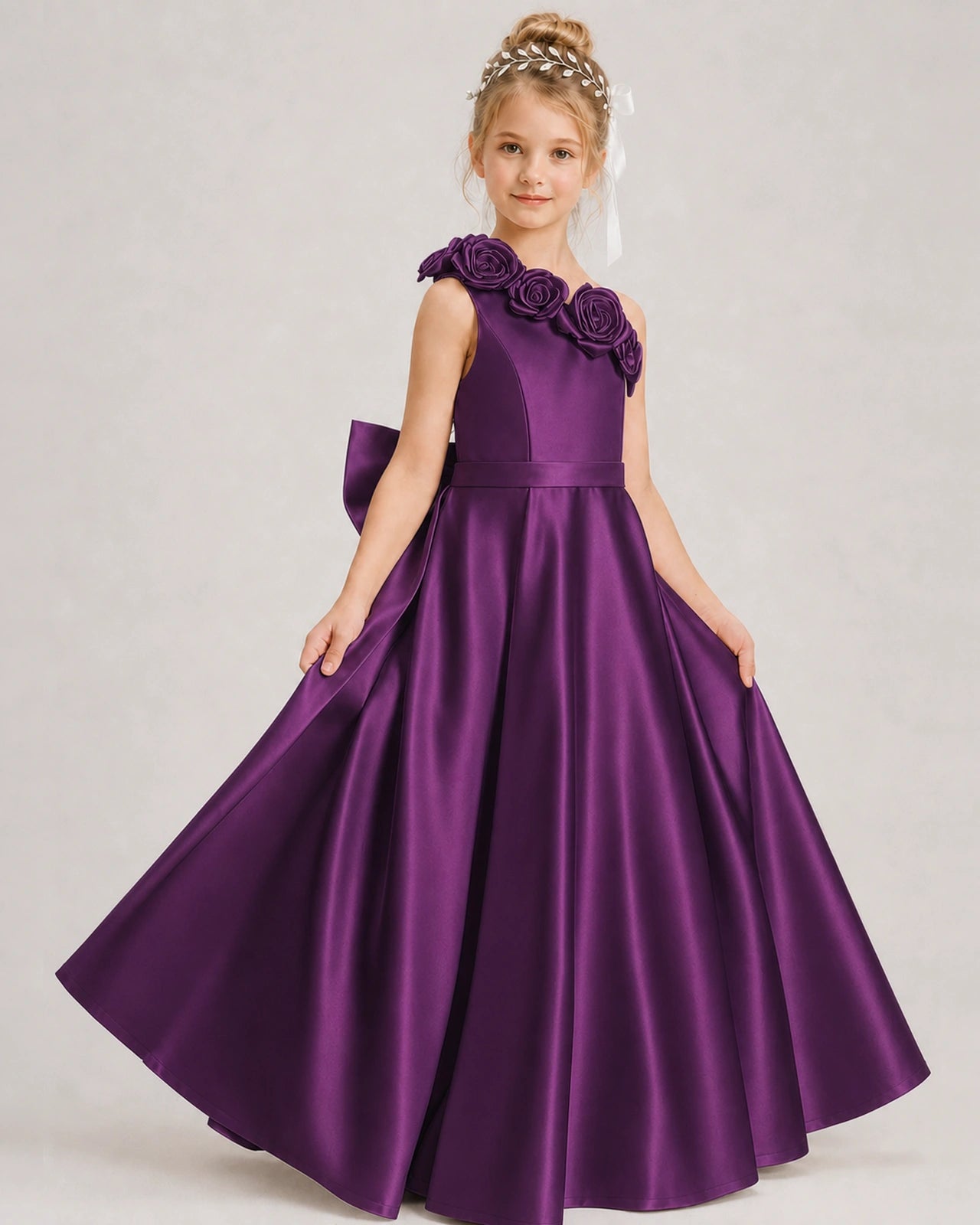 Grape Flower Girl Dress One-Shoulder 3D Rose Bow Satin Floor-Length Gown Front View