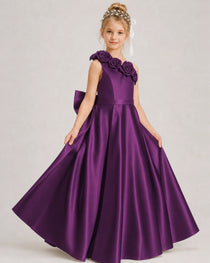 Grape Flower Girl Dress One-Shoulder 3D Rose Bow Satin Floor-Length Gown Front View