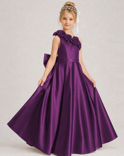 Grape Flower Girl Dress One-Shoulder 3D Rose Bow Satin Floor-Length Gown Front View