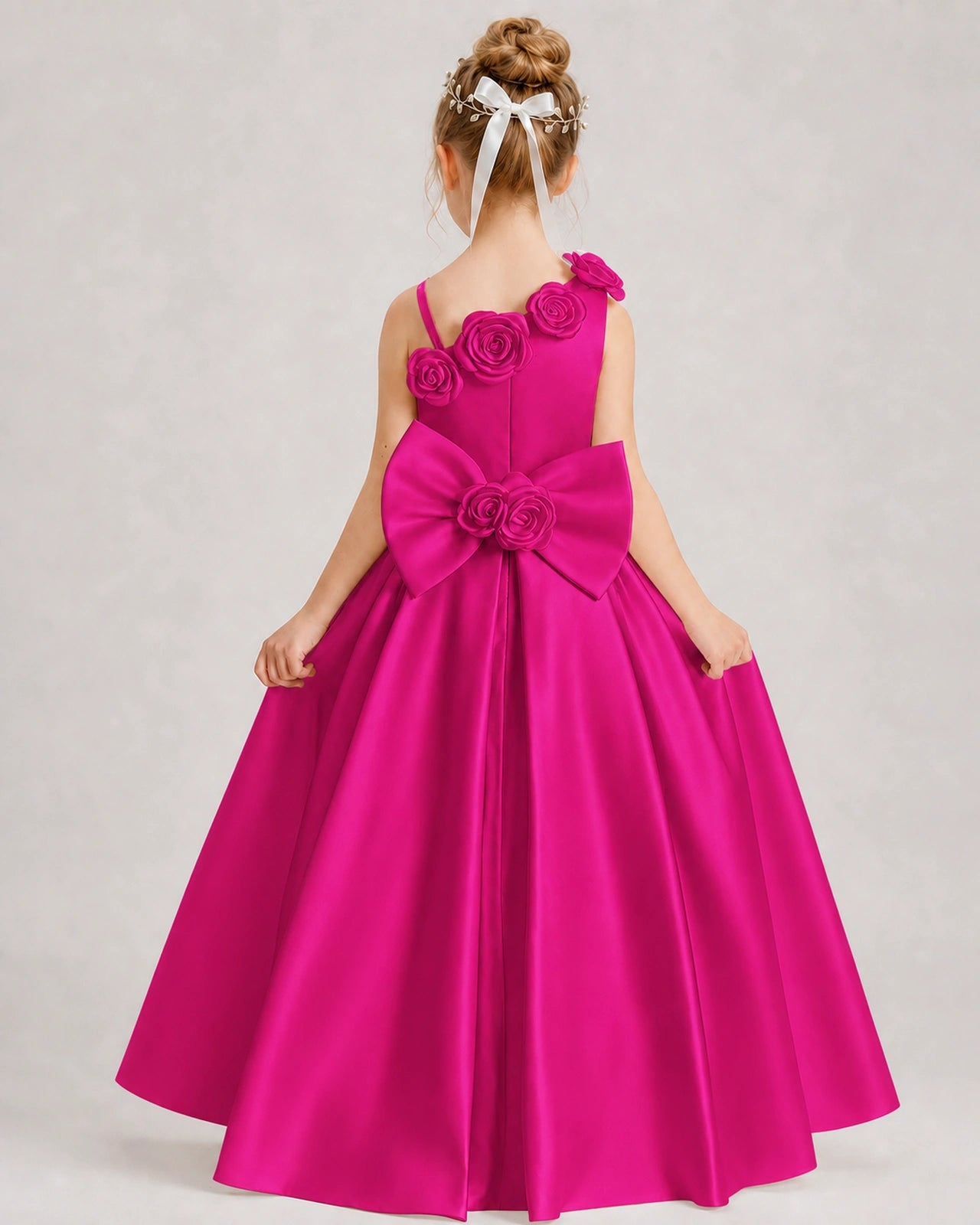 Hot Pink Flower Girl Dress One-Shoulder 3D Rose Bow Satin Floor-Length Gown Back View