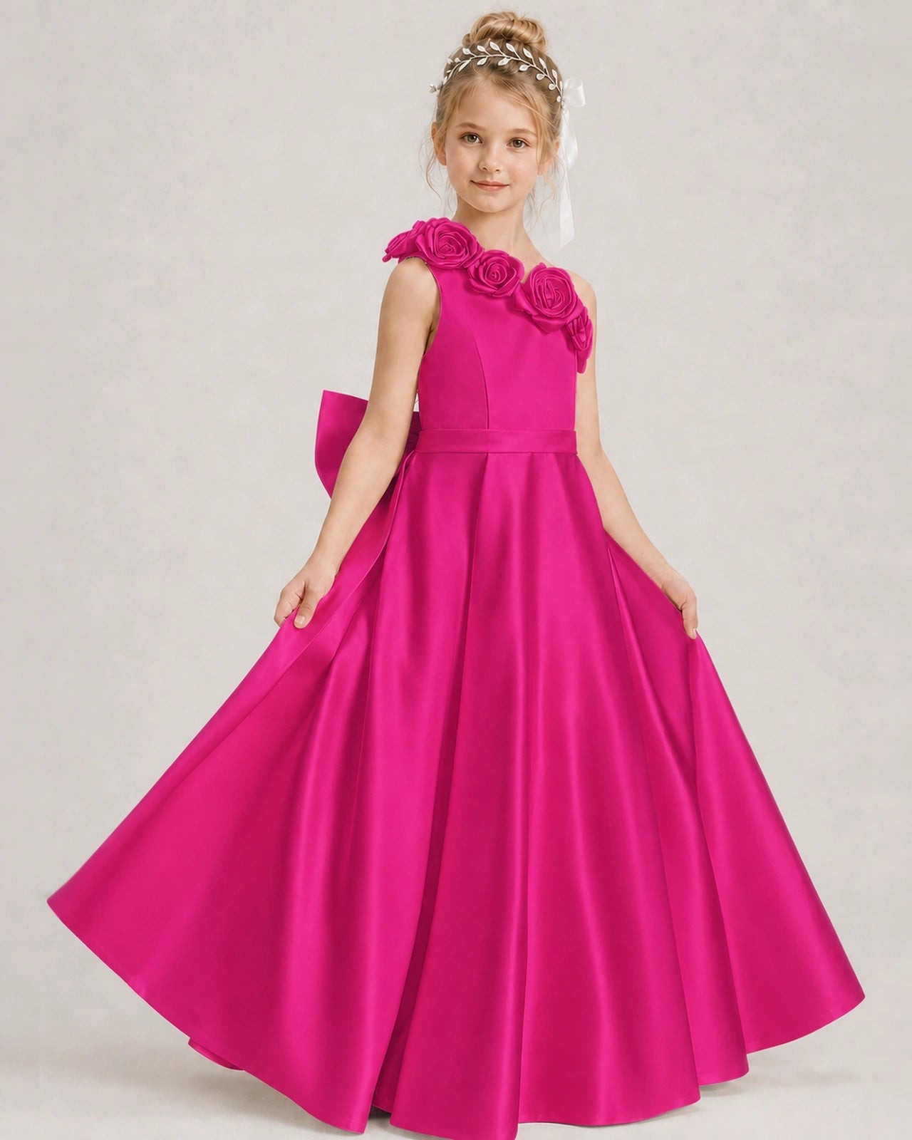 Hot Pink Flower Girl Dress One-Shoulder 3D Rose Bow Satin Floor-Length Gown Front View