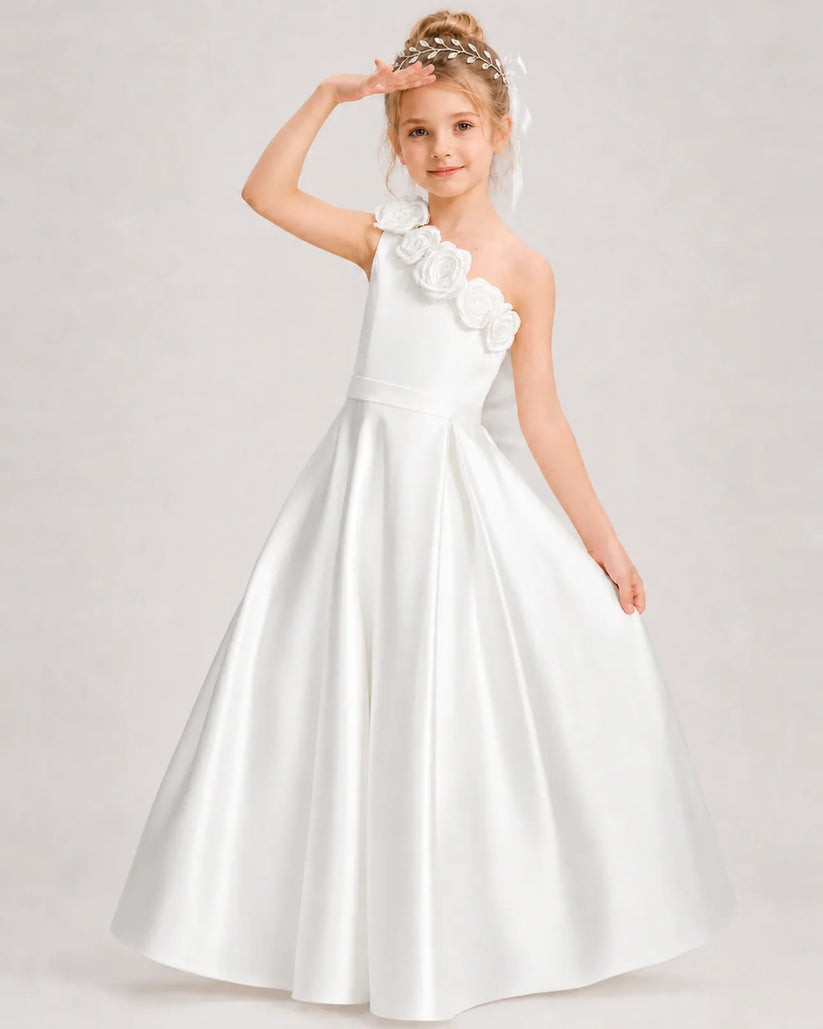 Ivory Satin A-line Girls Formal Dress Front View