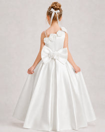 Ivory Flower Girl Dress One-Shoulder 3D Rose Bow Satin Floor-Length Gown Back View