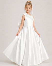 Ivory Flower Girl Dress One-Shoulder 3D Rose Bow Satin Floor-Length Gown Front View