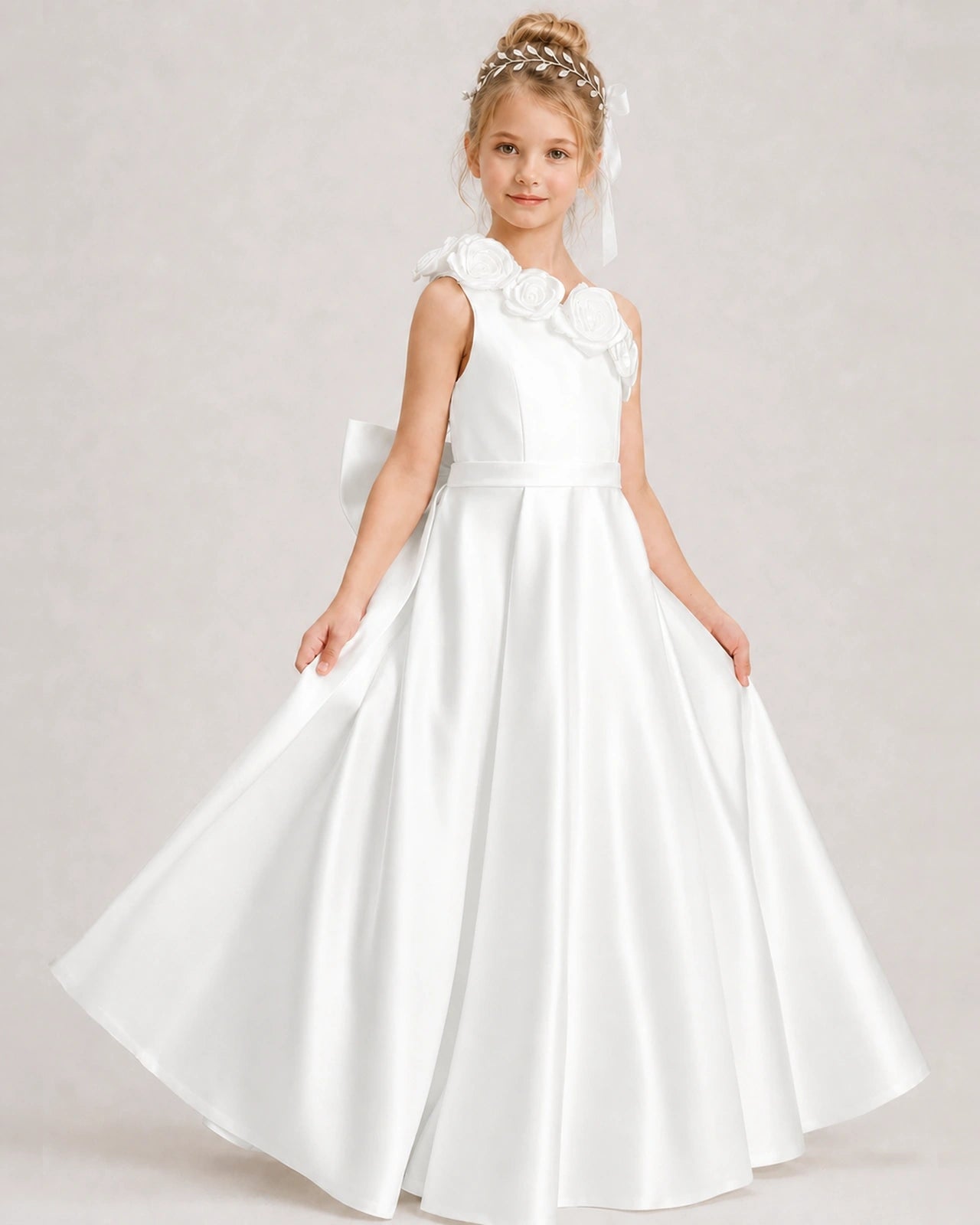 Ivory Flower Girl Dress One-Shoulder 3D Rose Bow Satin Floor-Length Gown Front View
