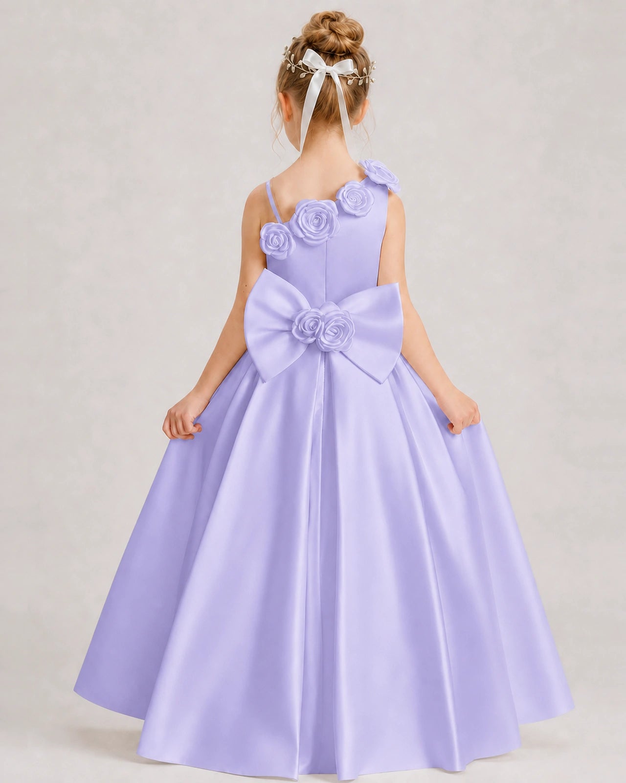 Lavender Flower Girl Dress One-Shoulder 3D Rose Bow Satin Floor-Length Gown Back View