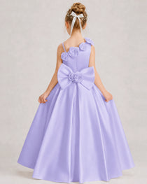 Lavender Flower Girl Dress One-Shoulder 3D Rose Bow Satin Floor-Length Gown Back View