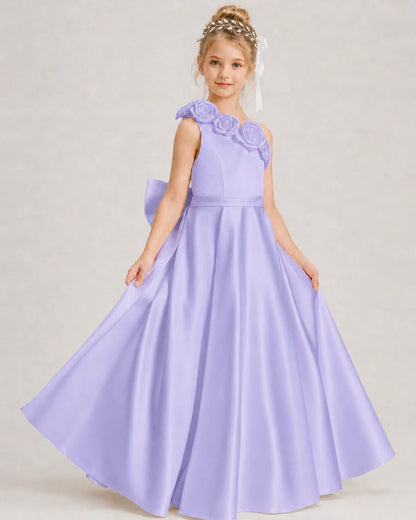 Lavender Flower Girl Dress One-Shoulder 3D Rose Bow Satin Floor-Length Gown Front View